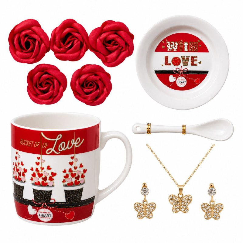 SET DE REGALO DE 9 PIEZAS LOVE (TAZA, PLATO, CUCHARA, SET DE JOYERÍA Y ROSAS) 1 UND