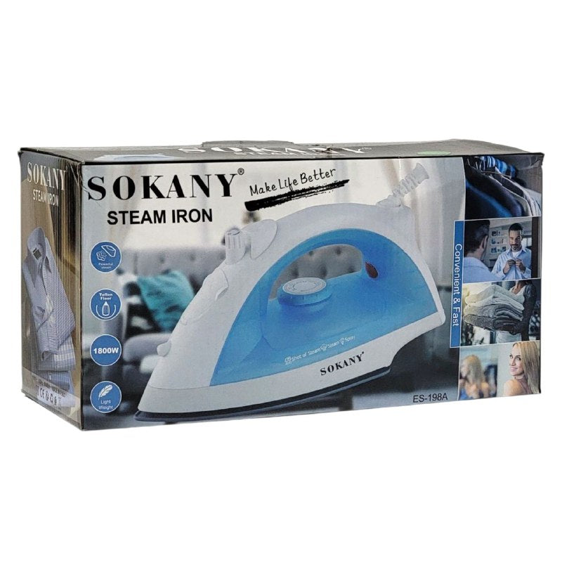 MAQUINA PLANCHA DE ROPA DE VAPOR, FUNCION SECO, VAPOR, AEROSOL, BOTON DE PULVERIZACION, SUELA DE CERAMICA, CONTROL DE TEMPERATURA, 1800W, TANQUE DE AGUA 220ML, SOKANY ES-198A STEAM IRON