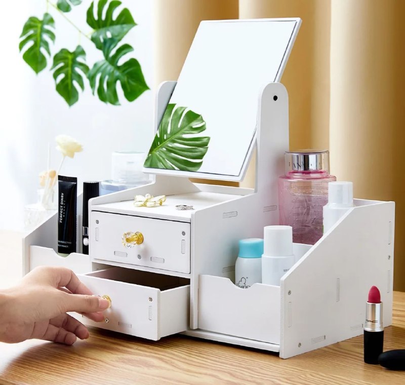 ORGANIZADOR ESTANTE DE COSMETICOS COLOR BLANCO CON ESPEJO DOBLE CAJON 35X16X28CM