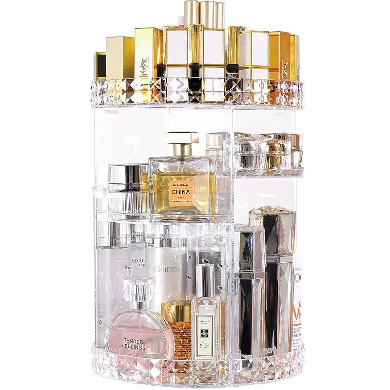 ORGANIZADOR DE MAQUILLAJE Y COSMETICOS GIRATORIO 360 EN FORMA DIAMANTE 23X33CM