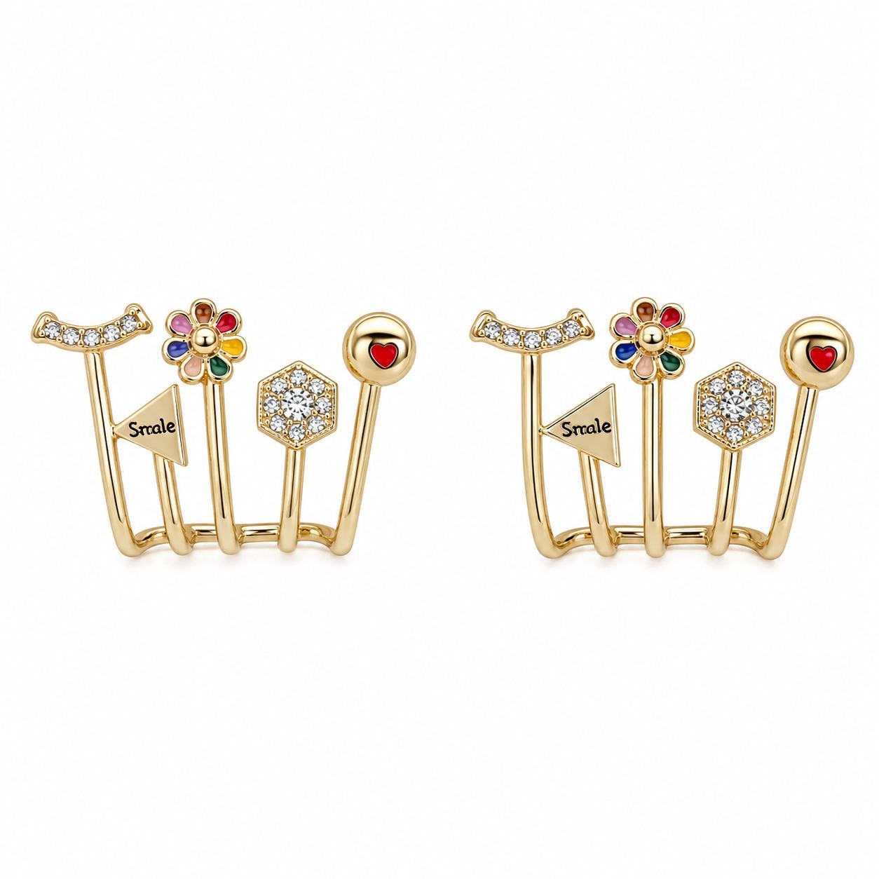 ARITOS DE ENCHAPE PARA DAMA ESTILO EAR JACKET MULTICHARMS SMILE Y FIGURAS