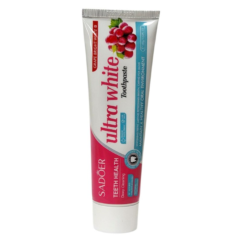 PASTA DE DIENTES, DE UVA BLANCA, DEJA BRILLANTE LOS DIENTES, ELIMINA MANCHAS DIFICILES Y EL SARRO BLANDO, DIENTES AMARILLOS, BLANQUEA Y ABRILLANTE LOS DIENTES CUIDA LAS ENCIAS Y REFRESCA EL ALIMENTO SADOER 100G