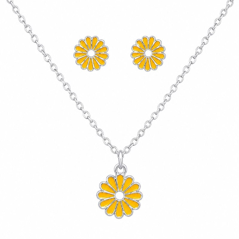 SET DE ENCHAPE PARA DAMA CADENA, DIJE Y TOPOS FLOR DE MARGARITA ESMALTADA