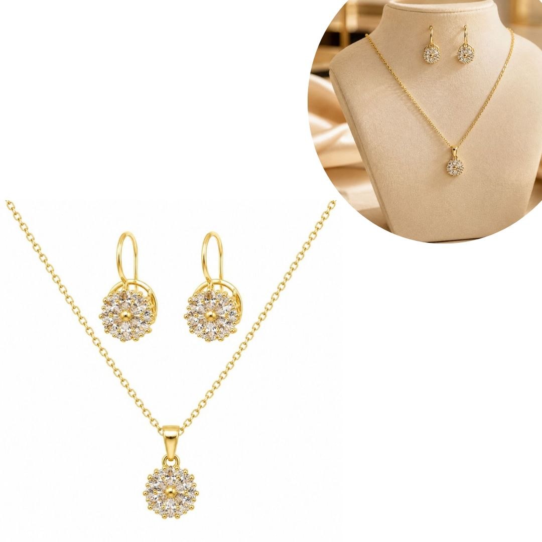SET DE ENCHAPE PARA DAMA CADENA, DIJE Y ARETES FLORAL ROSON CON CIRCONES