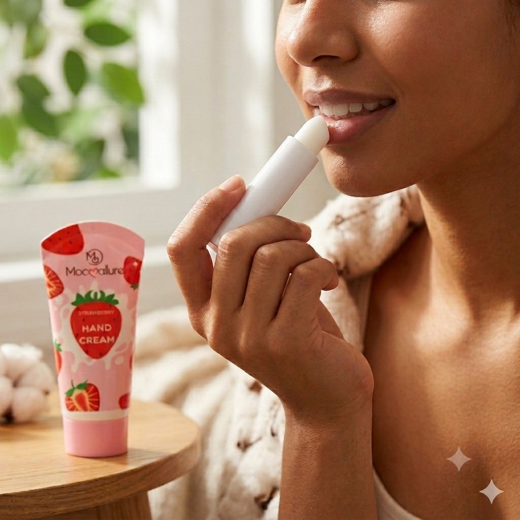 SET DE CREMA PARA MANOS Y BALSAMO LABIAL CON AROMA A FRESAS MOCALLURE