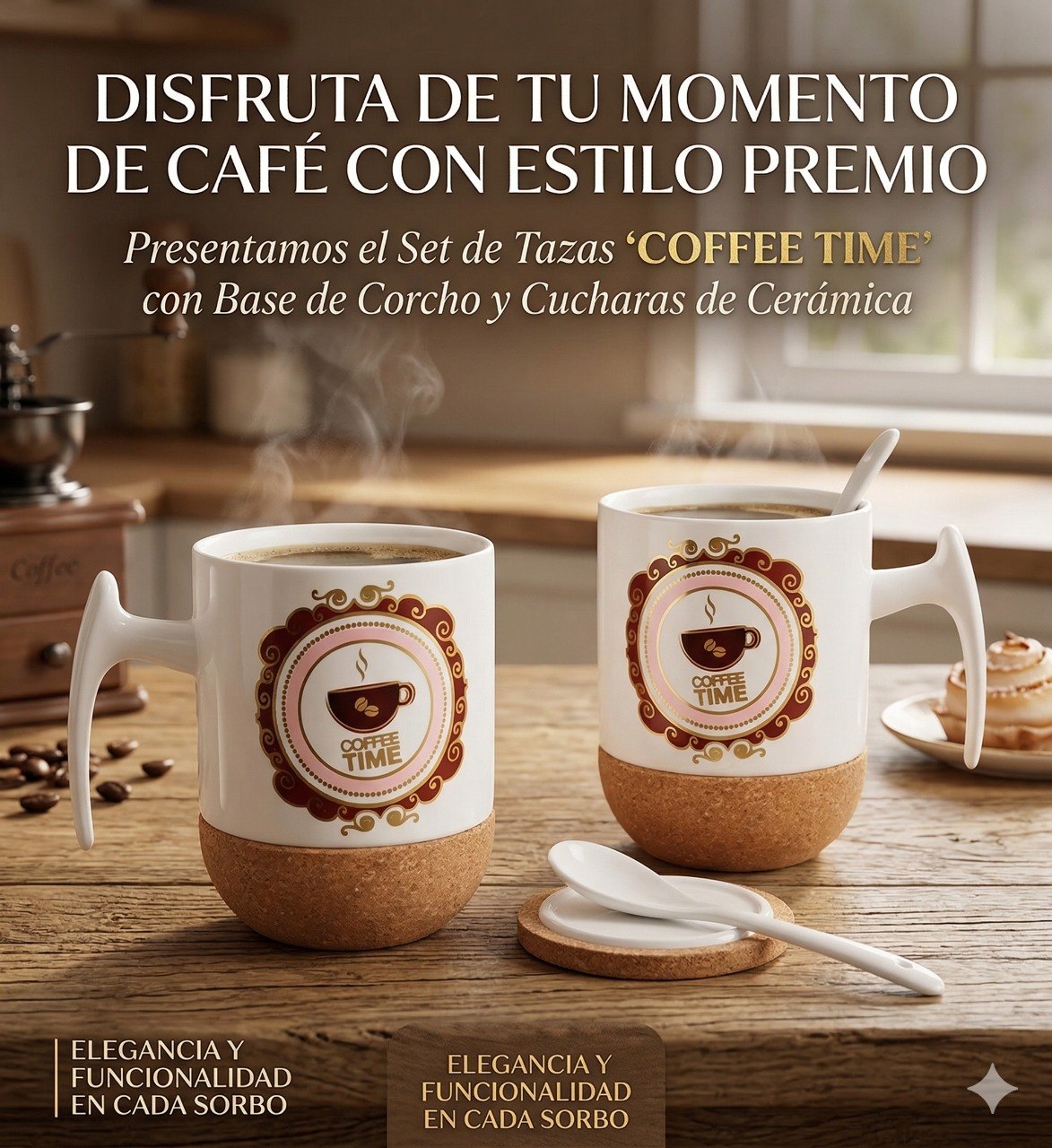 SET DE TAZAS CON BASE DE CORCHO Y CUCHARAS 4PCS HOME & SWEET