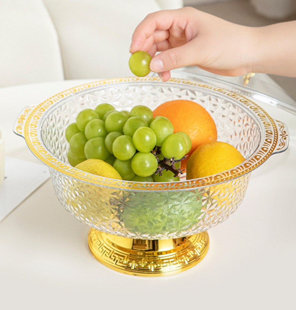 ORGANIZADOR FRUTERO DECORATIVO DE ACRILICO CON PEDESTAL Y TAPA 26X34CM