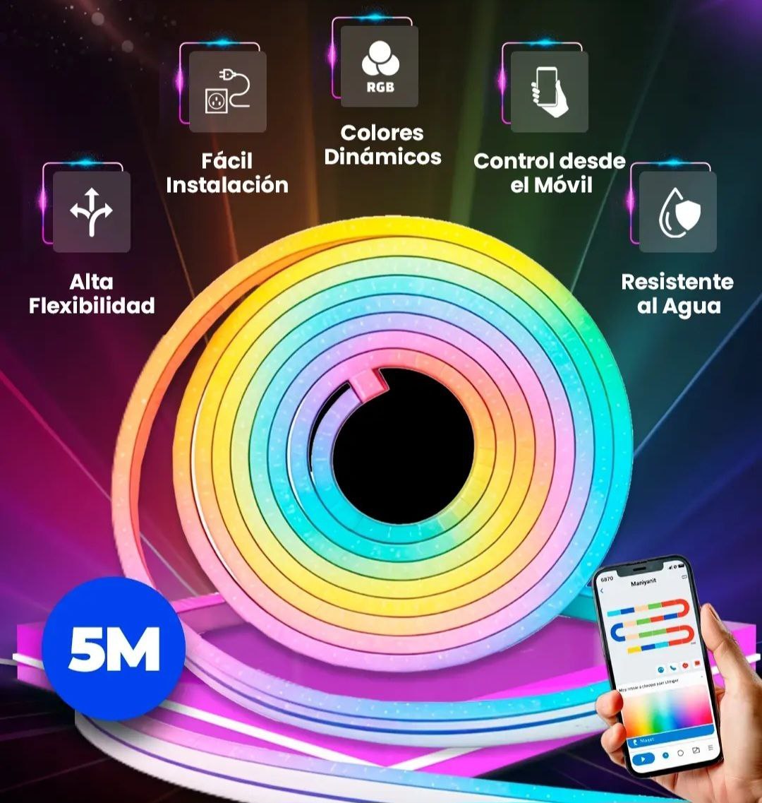 CUERDA DE LUZ NEON LED RGB INTELIGENTE CON CONTROL REMOTO 5M