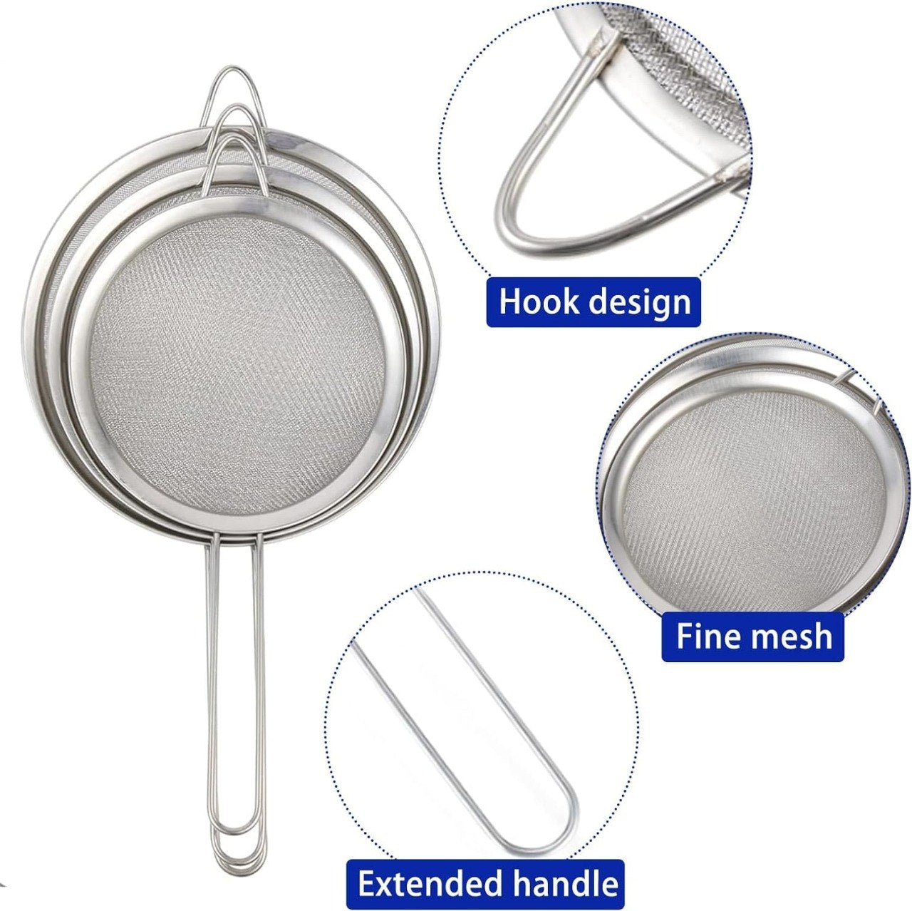 SET DE COLADORES DE COCINA DE MALLA FINA DE ACERO INOXIDABLE 3PCS