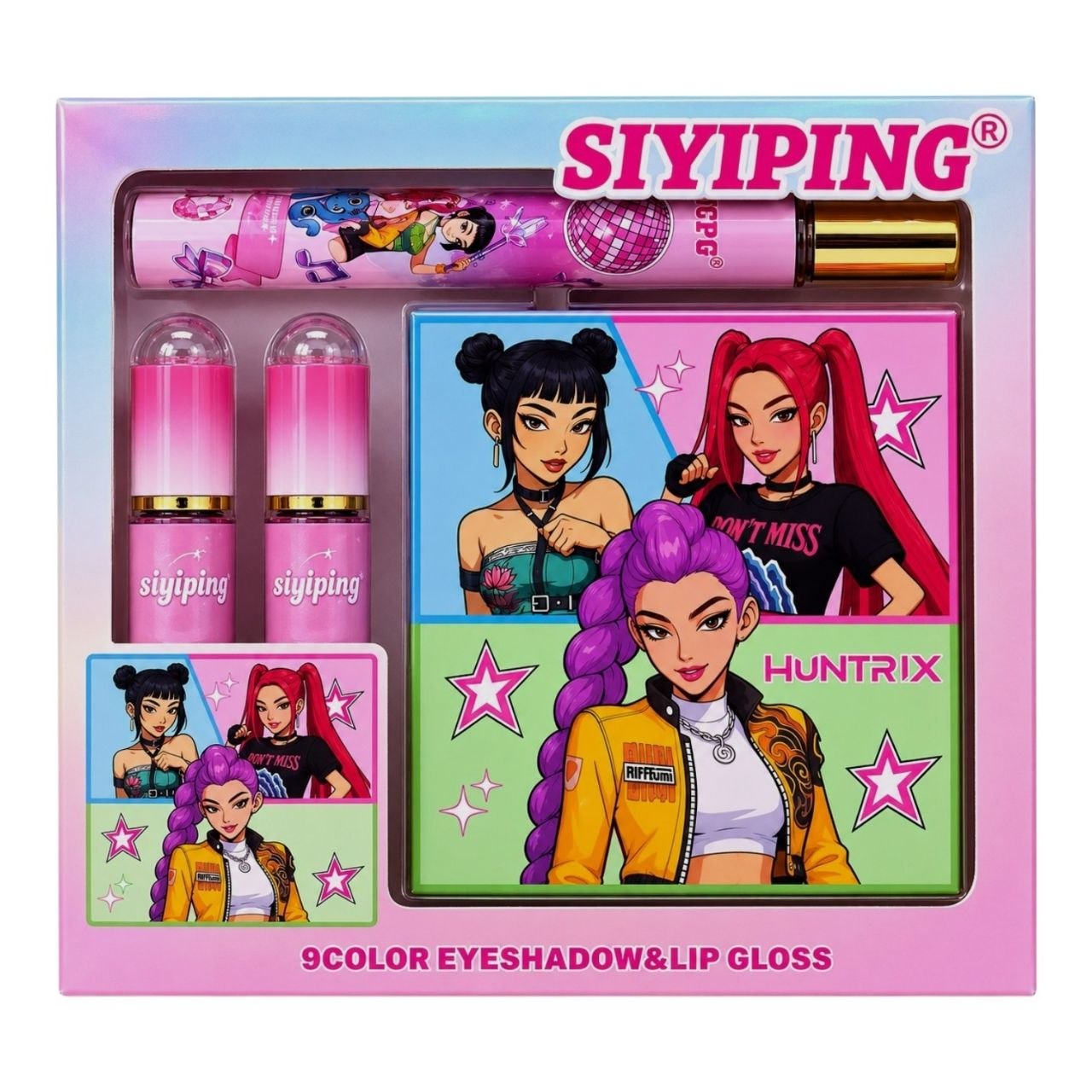 KIT DE MAQUILLAJE CON PALETA LABIALES Y MINI PERFUME DE HUNTRIX LAS GUERRERAS KPOP SIYIPING