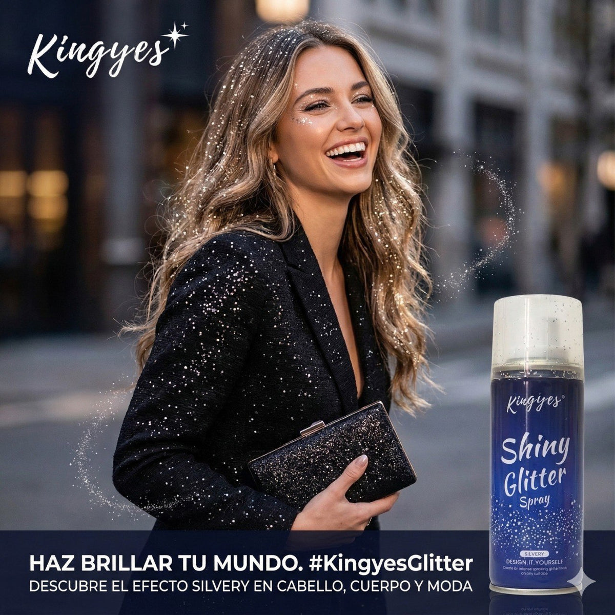 SPRAY CORPORAL COLOR PLATEADO CON BRILLO KINGYES 120ML