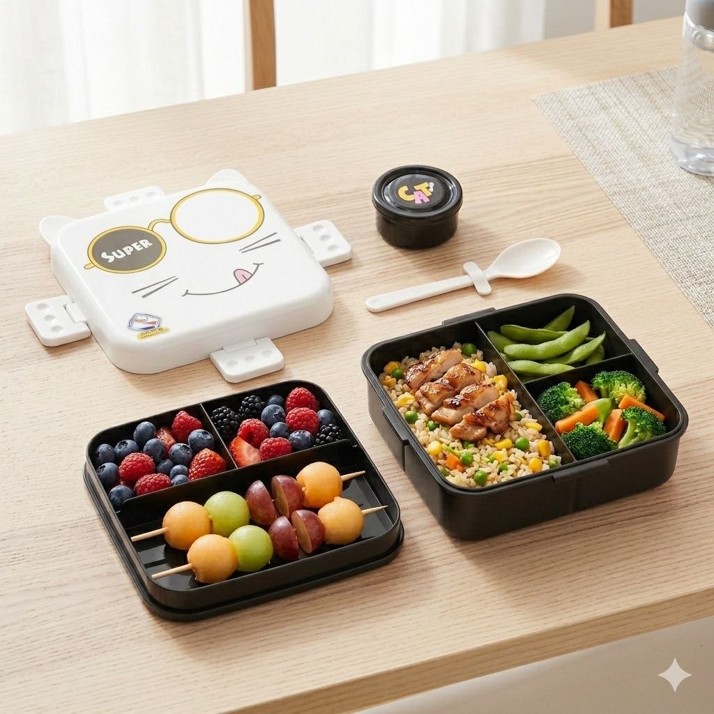 RECIPIENTE PANA PARA ALIMENTOS INFANTIL DE 4 DIVISIONES Y RECIPIENTE PARA SALSAS SUPER CAT 18X20X8CM