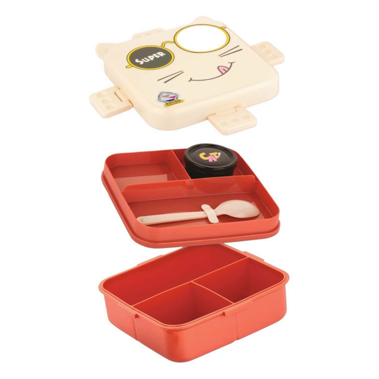 RECIPIENTE PANA PARA ALIMENTOS INFANTIL DE 4 DIVISIONES Y RECIPIENTE PARA SALSAS SUPER CAT 18X20X8CM