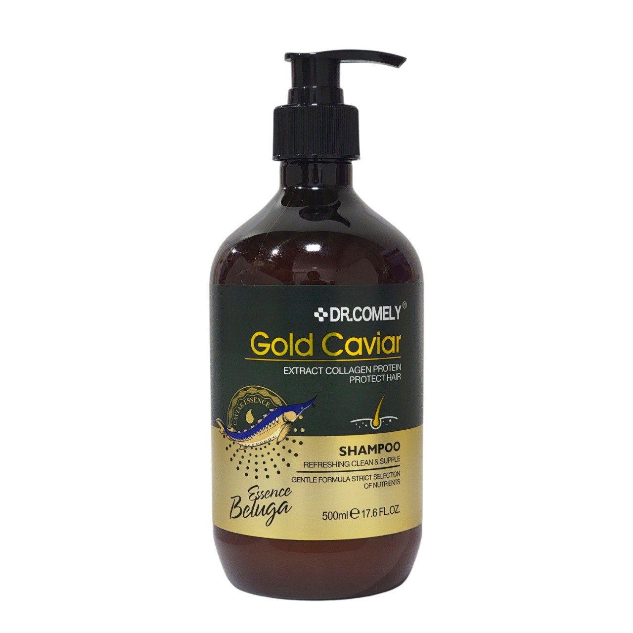 SHAMPOO FORTALECEDOR Y REFRESCANTE CON ESENCIA DE CAVIAR BELUGA Y COLAGENO DR. COMELY 500ML