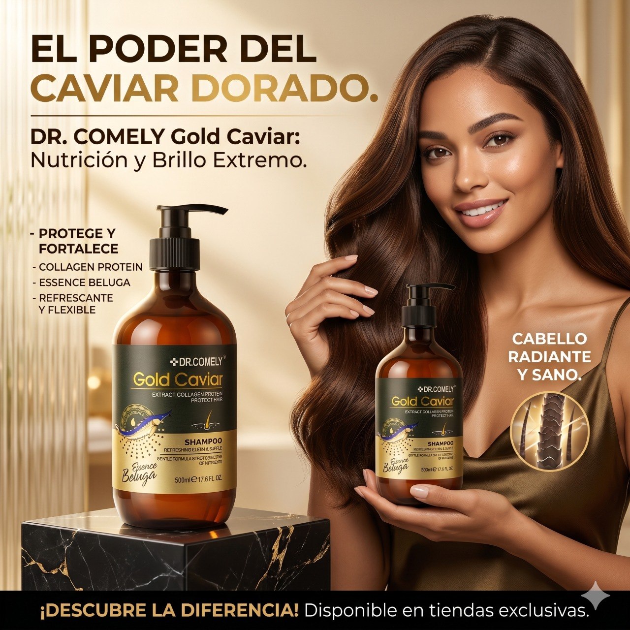 SHAMPOO FORTALECEDOR Y REFRESCANTE CON ESENCIA DE CAVIAR BELUGA Y COLAGENO DR. COMELY 500ML