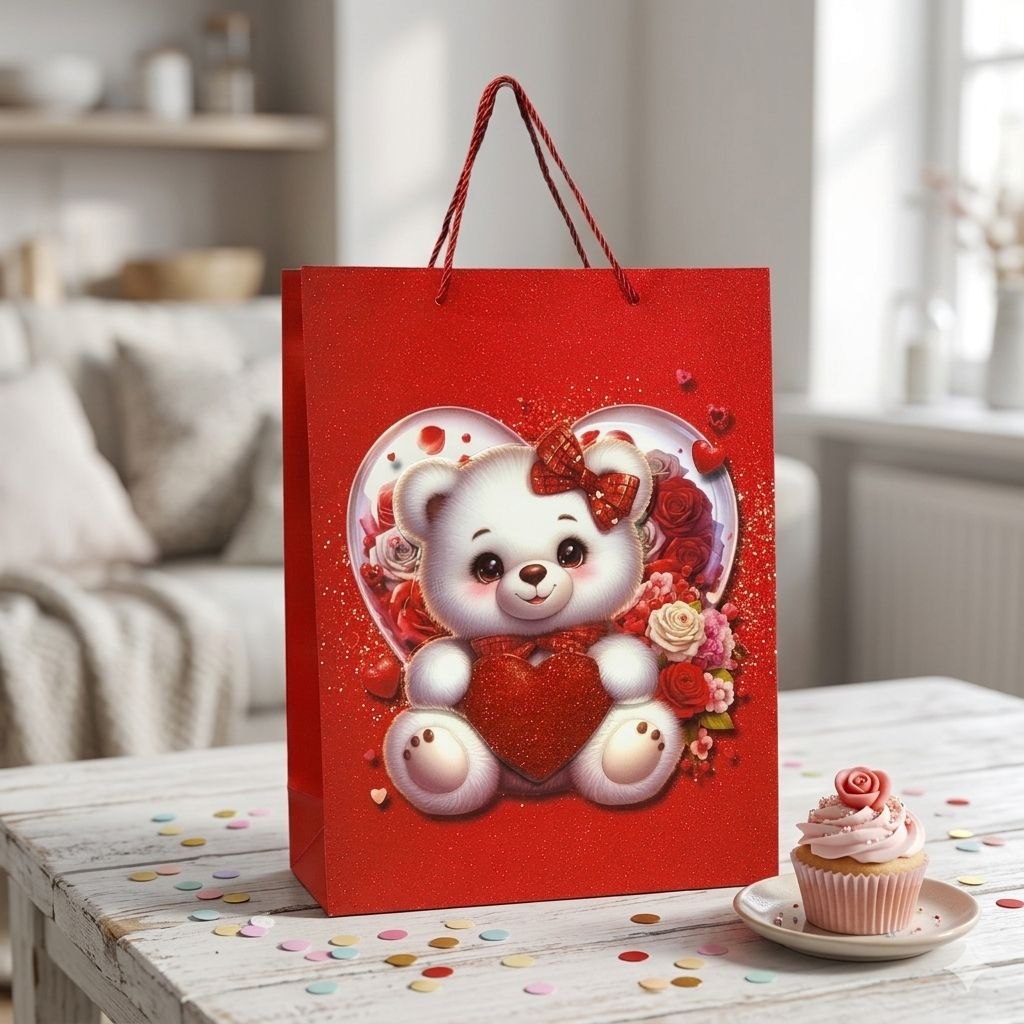 BOLSA DE REGALO GRANDE CON DISEÑO DE OSITO CON CORAZON 30X40X12CM