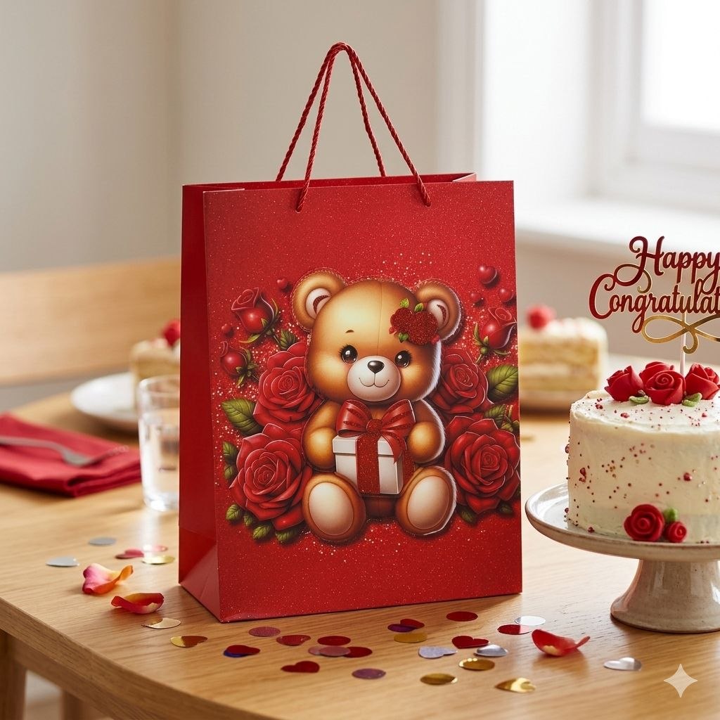 BOLSA DE REGALO GRANDE CON DISEÑO DE OSITO CON CORAZON 30X40X12CM