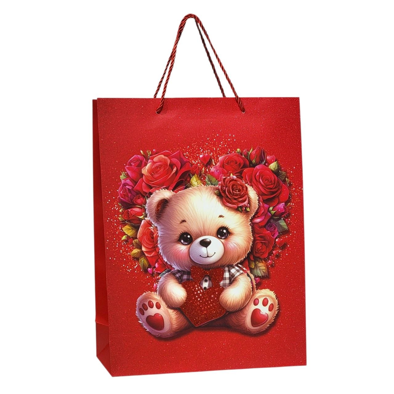 BOLSA DE REGALO GRANDE CON DISEÑO DE OSITO CON CORAZON 30X40X12CM