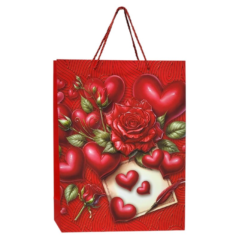 BOLSA DE REGALO GRANDE CON DISEÑO DE ROSAS Y CORAZONES 30X40X12CM