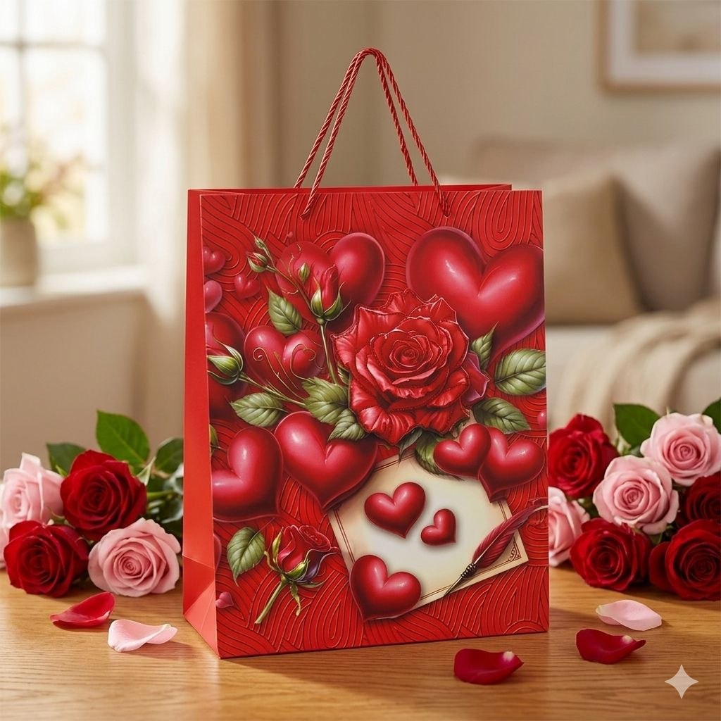 BOLSA DE REGALO GRANDE CON DISEÑO DE ROSAS Y CORAZONES 30X40X12CM