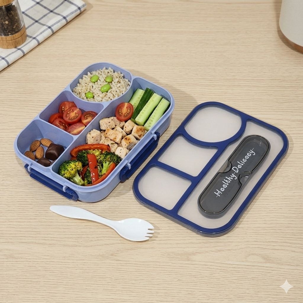 RECIPIENTE PANA PARA ALIMENTOS TIPO BENTO DE 4 DIVISIONES CON CUBIERTO 23X17X5CM