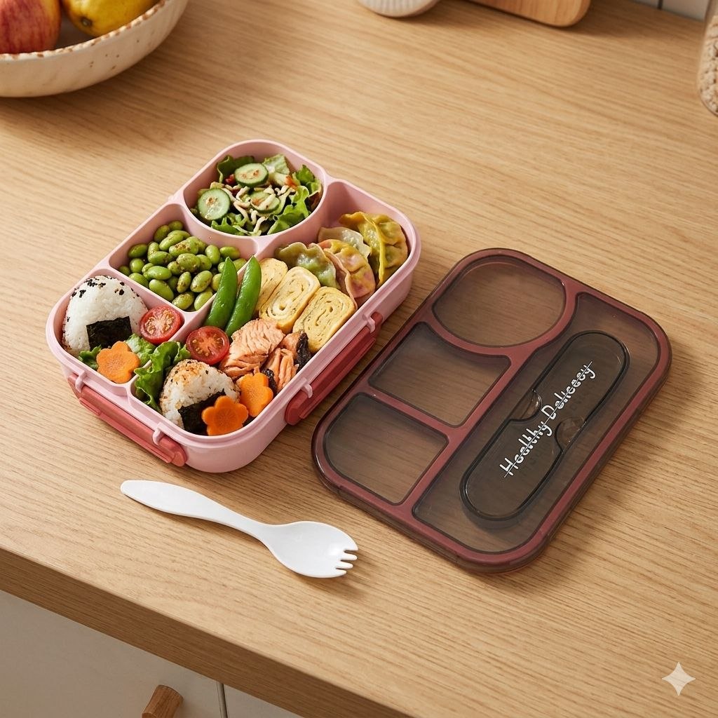 RECIPIENTE PANA PARA ALIMENTOS TIPO BENTO DE 4 DIVISIONES CON CUBIERTO 23X17X5CM