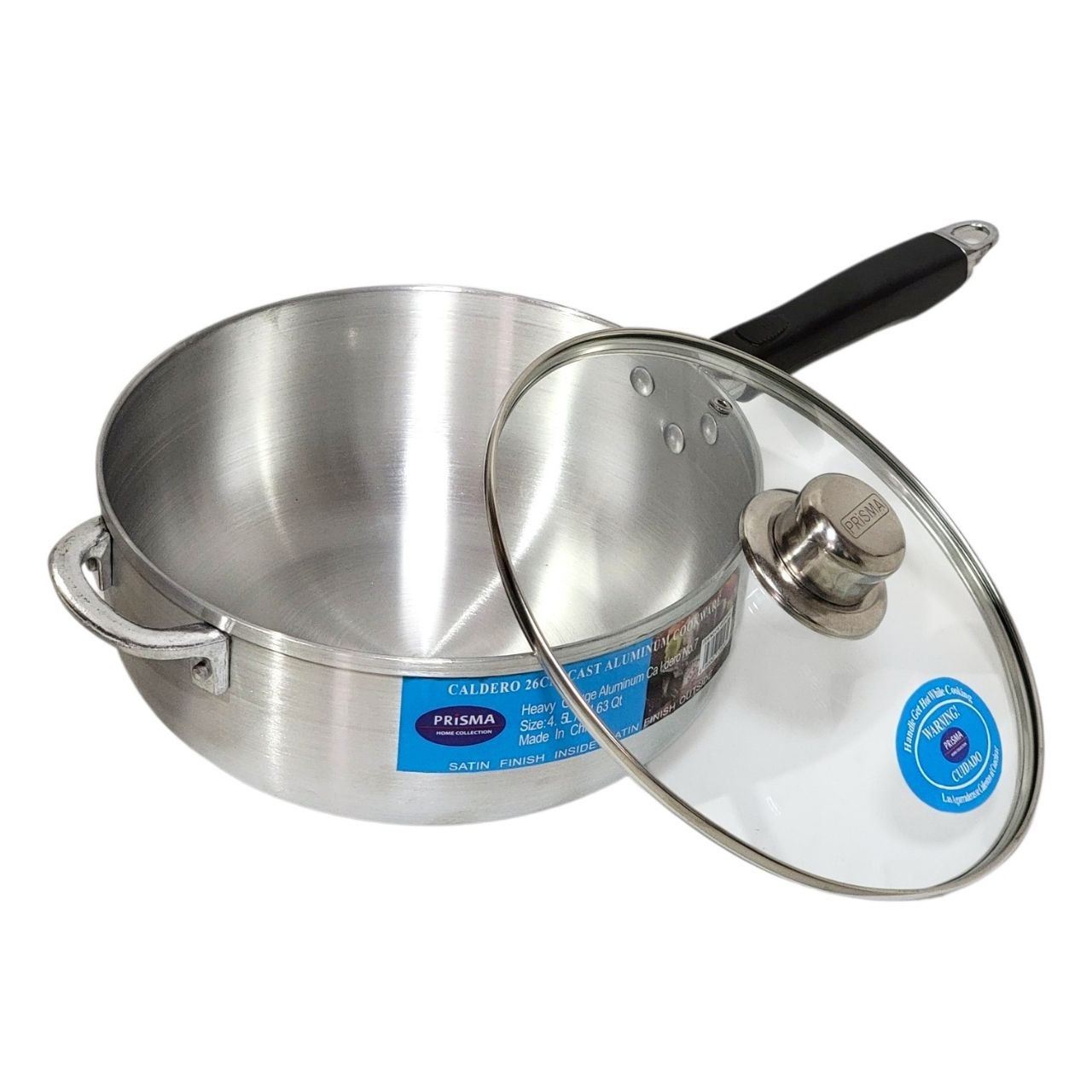 OLLA TRADICIONAL DE ALUMINIO FUNDIDO CON TAPA DE VIDRIO PRISMA 26CM