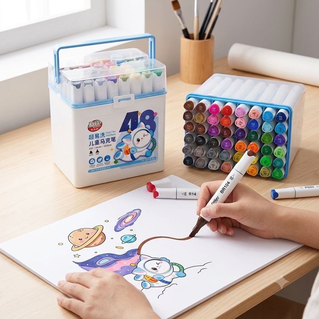 SET DE MARCADORES DE DOBLE PUNTA INFANTILES DE TINTA LAVABLE 48UND PAILE