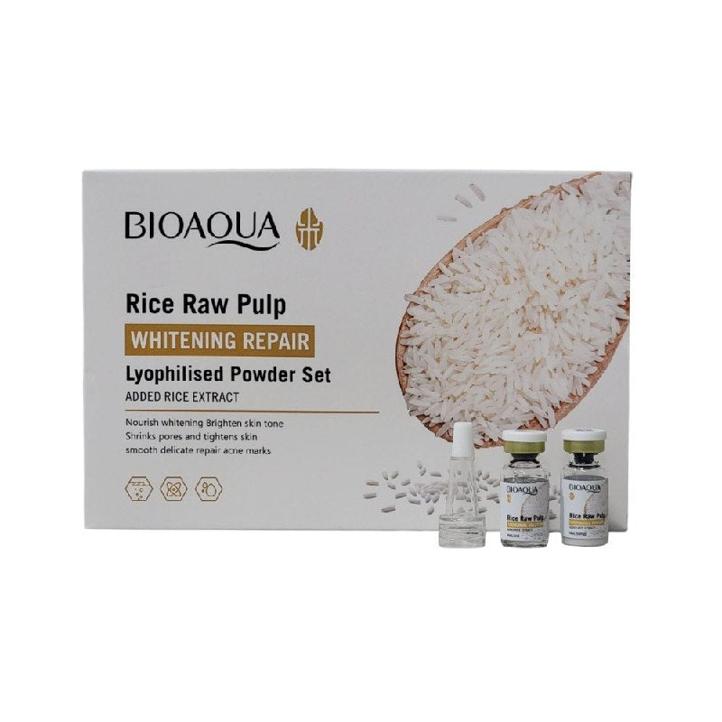 SET DE POLVO REPARADOR BLANQUEADOR DE PULPA CRUDA DE ARROZ SOLUCION LISOSOMAL BIOAQUA 3ML 50MG
