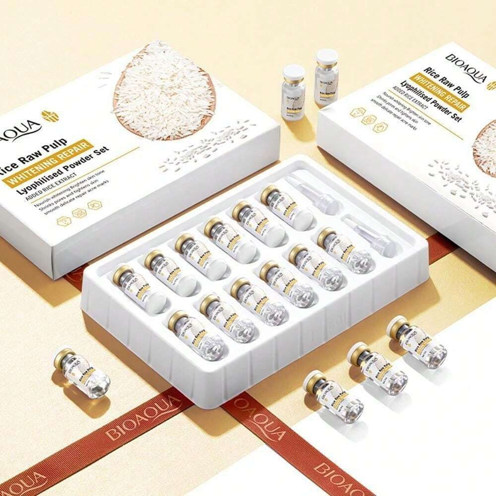 SET DE POLVO REPARADOR BLANQUEADOR DE PULPA CRUDA DE ARROZ SOLUCION LISOSOMAL BIOAQUA 3ML 50MG