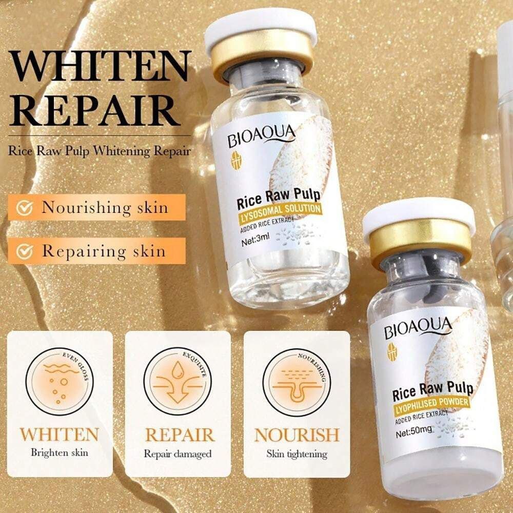 SET DE POLVO REPARADOR BLANQUEADOR DE PULPA CRUDA DE ARROZ SOLUCION LISOSOMAL BIOAQUA 3ML 50MG