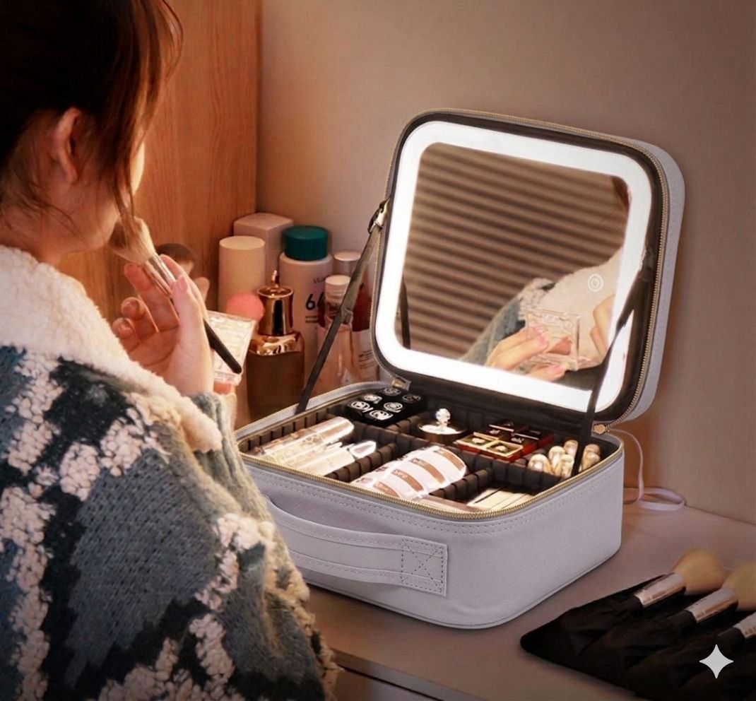 ESTUCHE ORGANIZADOR DE MAQUILLAJE CON ESPEJO LED 3 MODOS DE ILUMINACION
