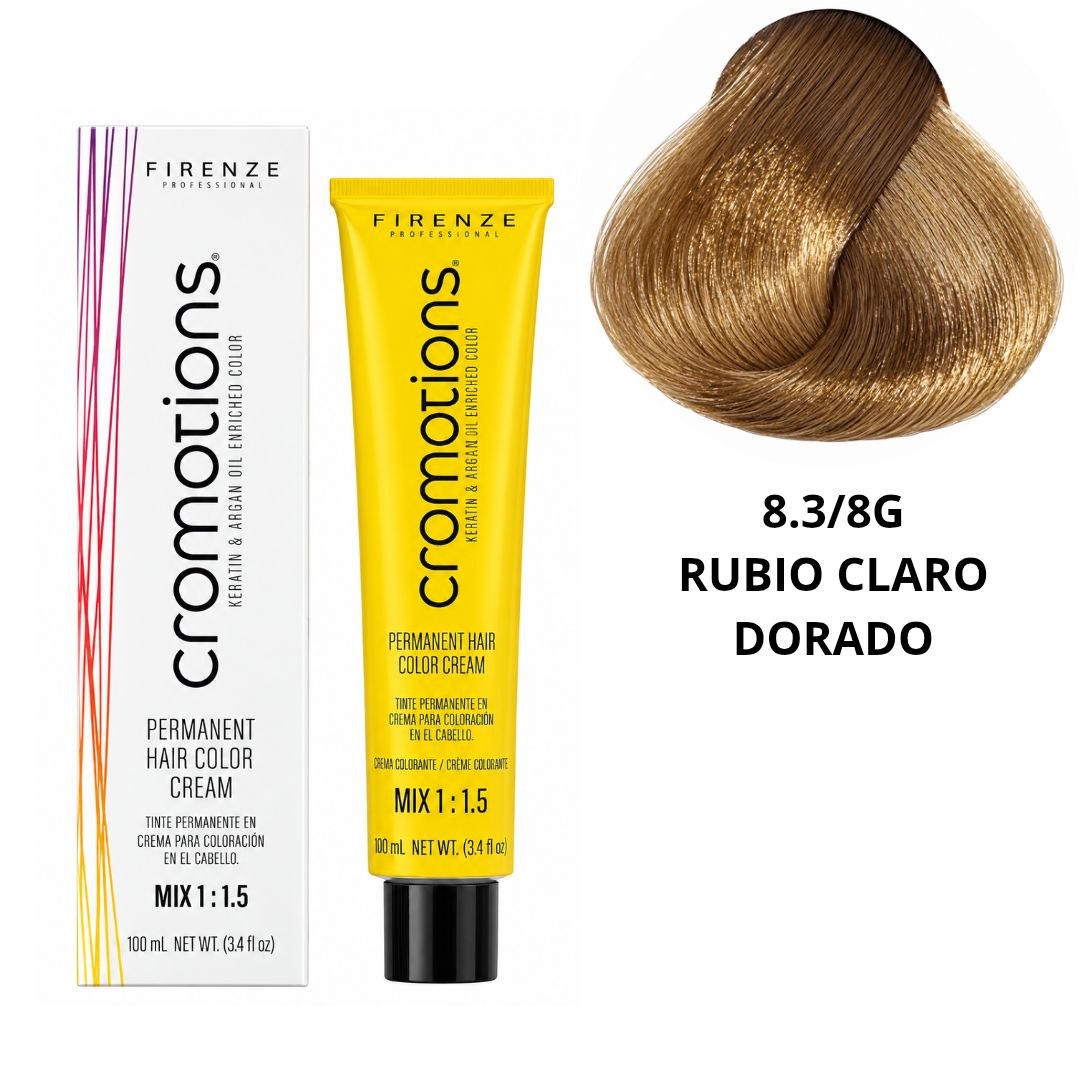 TINTE PERMANENTE EN CREMA CROMOTIONS 8.3/8G RUBIO CLARO DORADO FIRENZE PROFESSIONAL 100ML