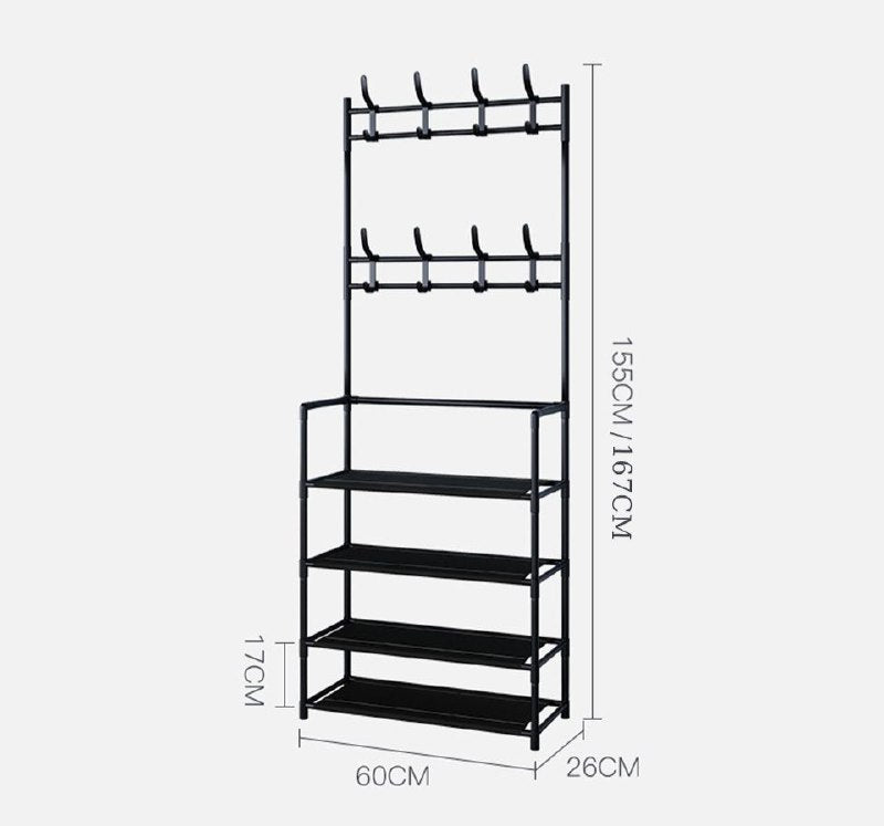 ESTANTE ORGANIZADOR DE METAL DE 4 NIVELES CON 8 GANCHOS PARA COLGAR ROPA, ETC COLOR NEGRO 60CM DE ANCHO