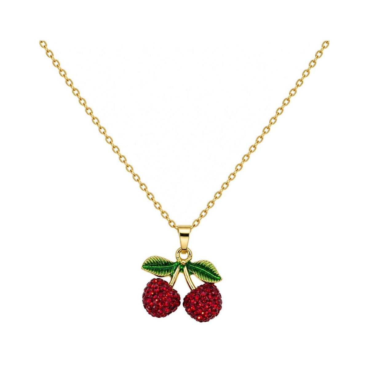 GARGANTILLA DE ENCHAPE PARA DAMA CON DISEÑO DE CEREZAS ROJAS CON HOJAS VERDES 2.3CM
