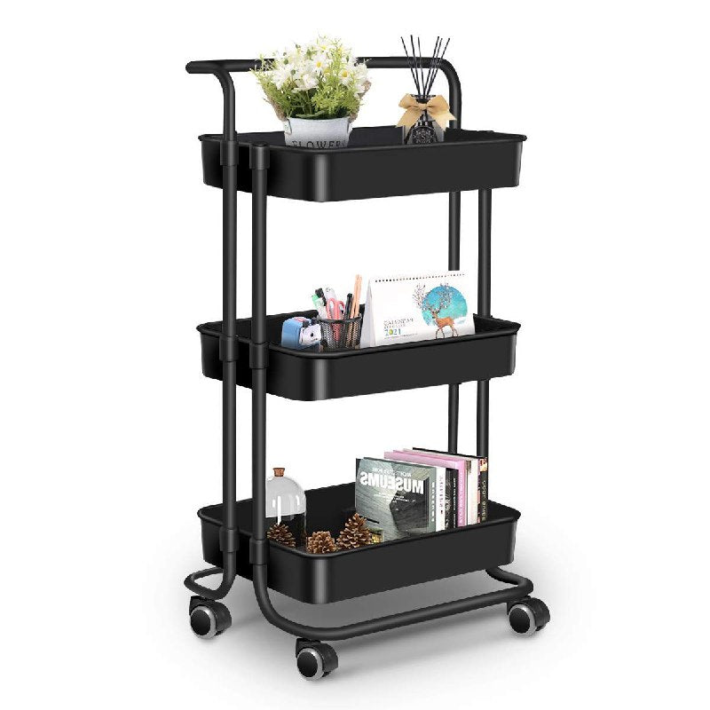 ORGANIZADOR CARRITO ORGANIZADOR DE ALMACENAMIENTO DE METAL DE 3 NIVELES, MULTIUSOS PARA BAÑO, COCINA O DORMITORIO COLOR NEGRO 44.5X33X13CM