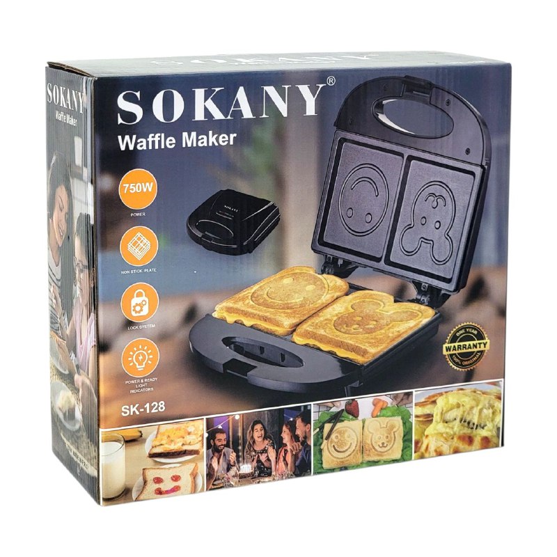MAQUINA WAFFLERA SANDWICHERA DISEÑO CARITAS SK-128, 750W SOKANY