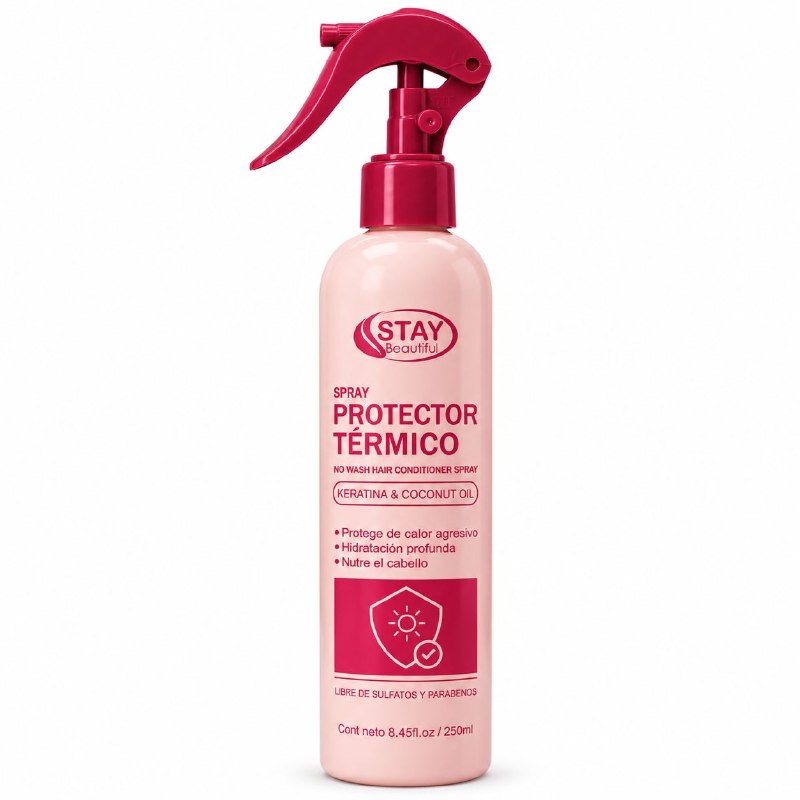 SPRAY PROTECTOR TERMICO PARA EL CABELLO SIN ENJUAGUE CON KERATINA Y ACEITE DE COCO STAY BEAUTIFUL 250ML