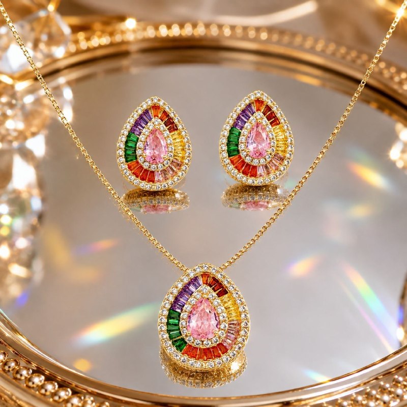 SET DE ENCHAPE PARA DAMA CADENA, DIJE Y TOPOS CORAZÓN ABOMBADO EN PAVÉ DE CIRCONES (Copia)