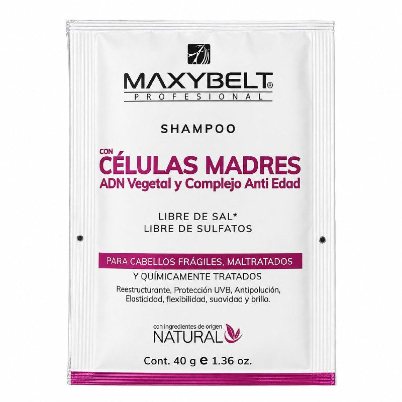 SHAMPOO CON CELULAS MADRE, ADN VEGETAL Y COMPLEJO ANTIEDAD DE LIMPIEZA REESTRUCTURANTE MAXYBELT 40G