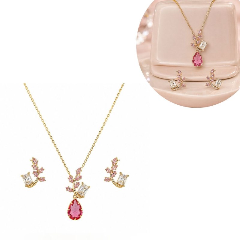 SET DE ENCHAPE PARA DAMA CADENA, DIJE Y TOPOS RAMA BOTÁNICA CON CIRCONES ROSADOS Y CRISTAL GOTA