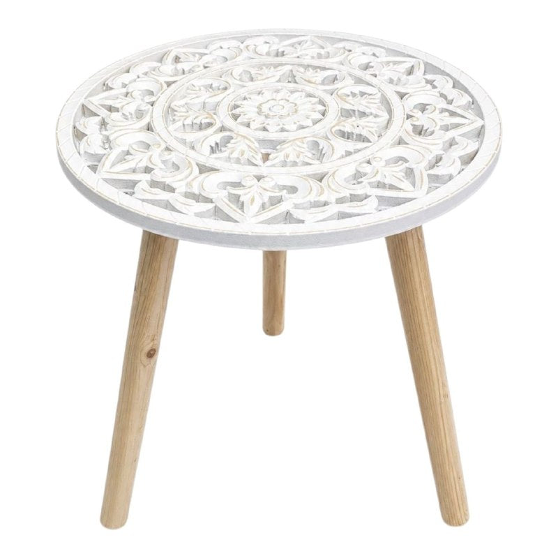 SET DE MESAS LATERALES ARTESANALES EN ACABADO BLANCO Y DORADO ENVEJECIDO MESAS AUXILIARES BOHEMIAS DE MADERA TALLADA  2 PIEZAS