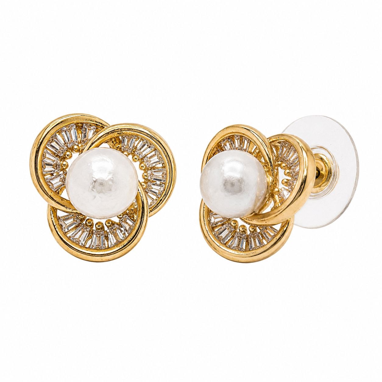 ARITOS DE ENCHAPE PARA DAMA CON PERLA CENTRAL Y AROS CRISTAL BAGUETTE