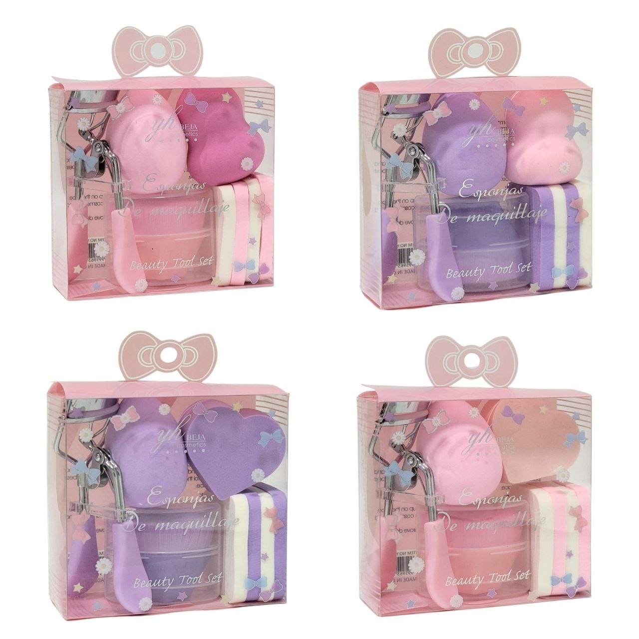 SET DE HERRAMIENTAS DE BELLEZA RIZADOR DE PESTAÑAS ESPONJAS TIPO BEAUTY BLENDER Y BORLAS YH BEJA COSMETICS