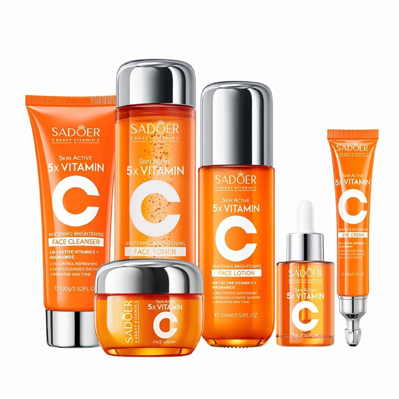 SET DE CUIDADO FACIAL ILUMINADOR Y BLANQUEADOR CON VITAMINA C 5 EN 1 Y NIACINAMIDA SADOER 6PCS