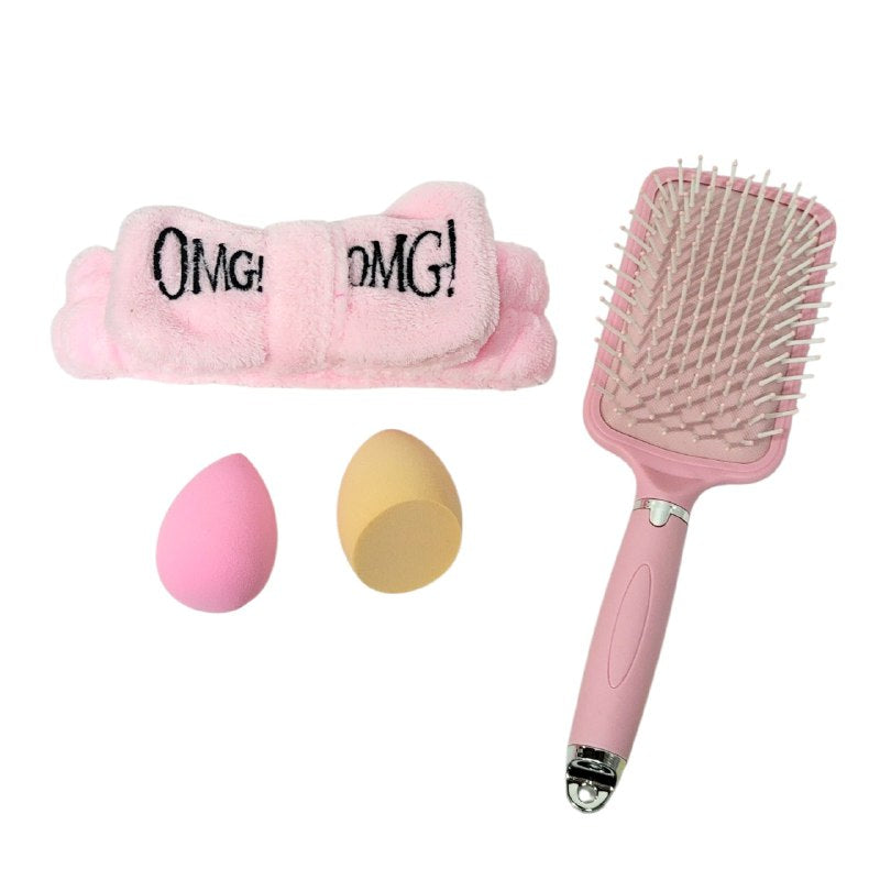 KIT DE CUIDADO FACIAL Y DE CABELLO, CEPILLO DESENREDANTE, ESPONJA MAQUILLAJE, VINCHA ELASTICA, 4 COLORES SWEET BEAUTY