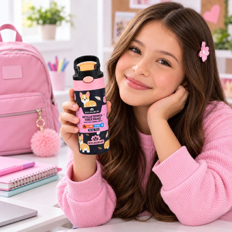 BOTELLA TERMICA DE DOBLE PARED CON ASA PARA NIÑAS 350ML