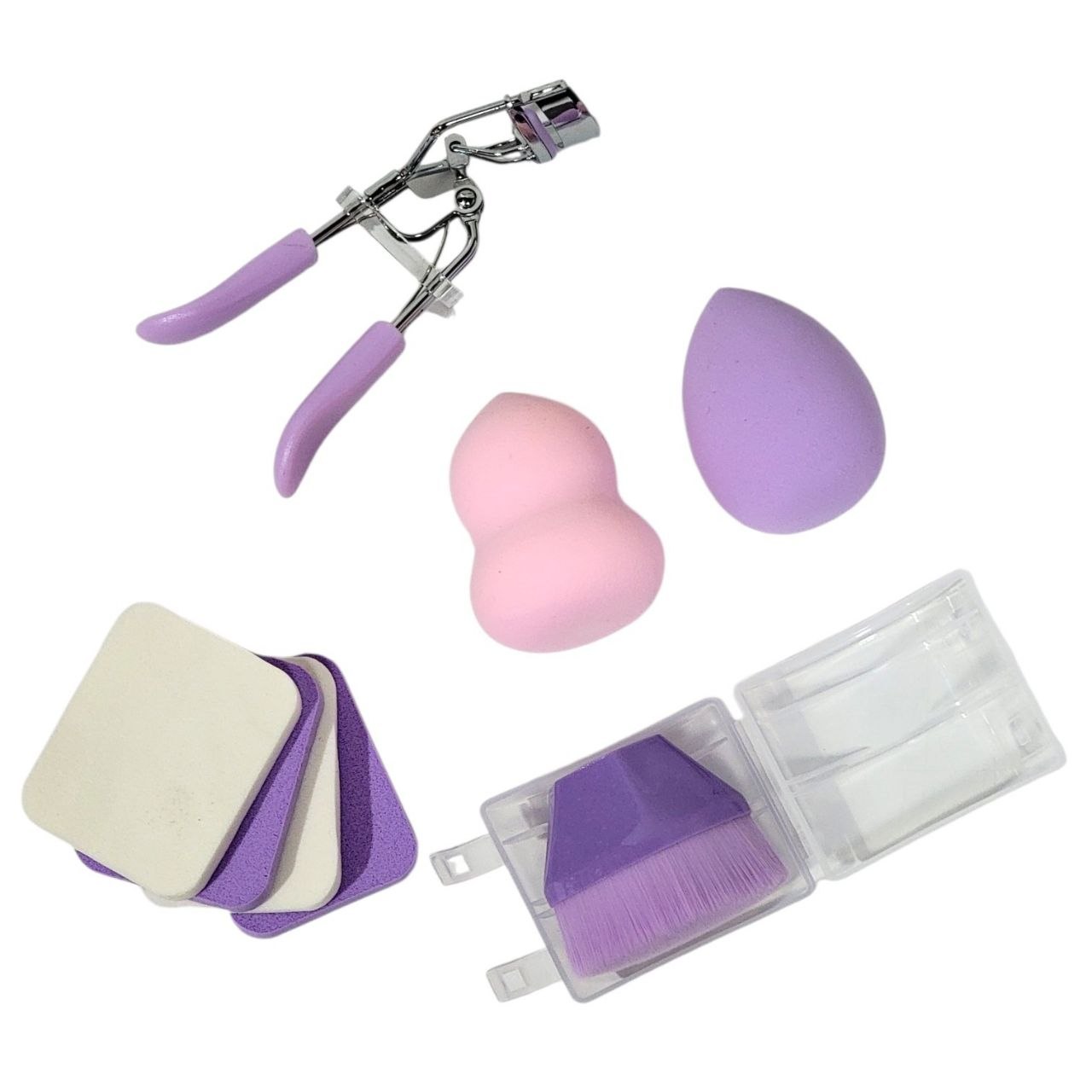 SET DE HERRAMIENTAS DE BELLEZA RIZADOR DE PESTAÑAS ESPONJAS TIPO BEAUTY BLENDER Y BORLAS YH BEJA COSMETICS