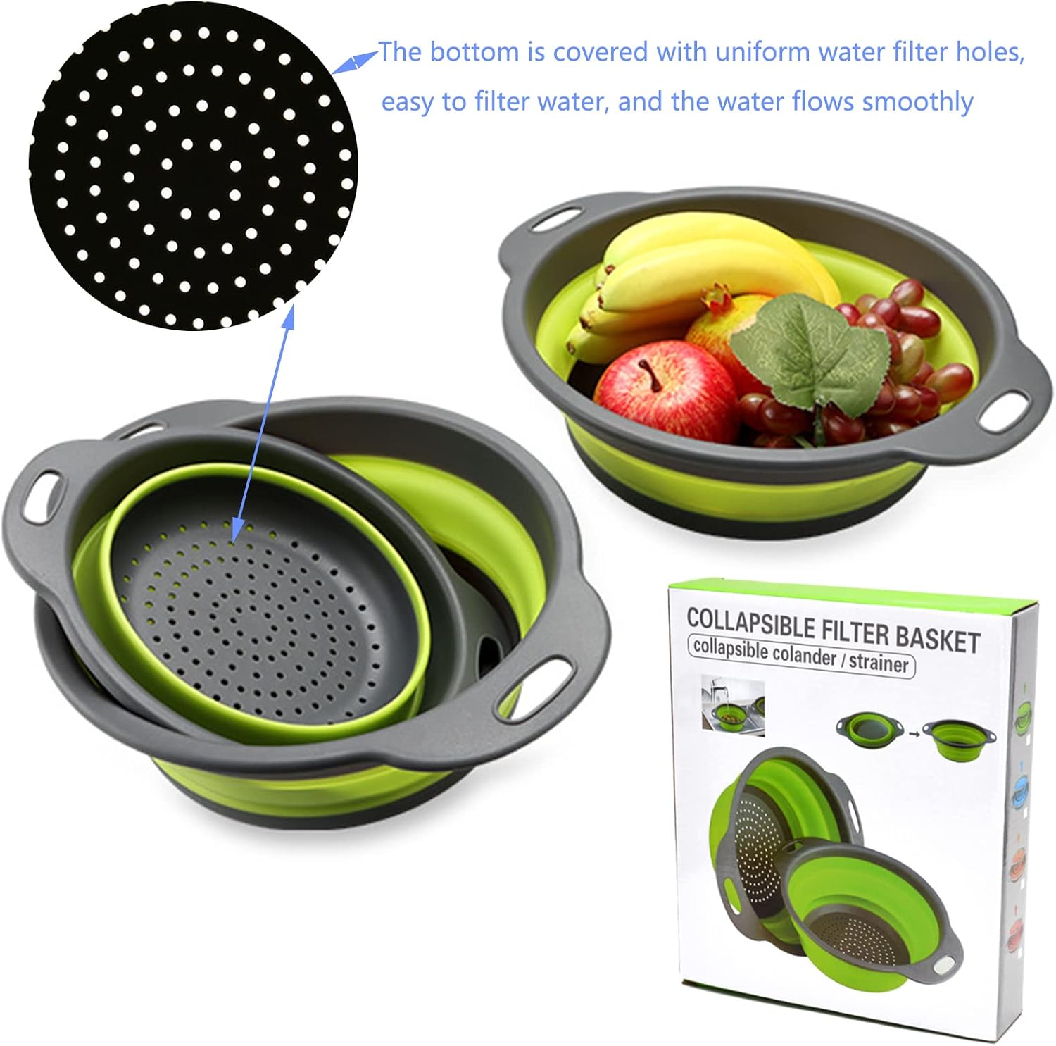 CANASTA COLADOR PLEGABLE DE SILICONA CON MANGO PARA FRUTAS Y VERDURAS 19.5CMX24/23.5X29.5CM