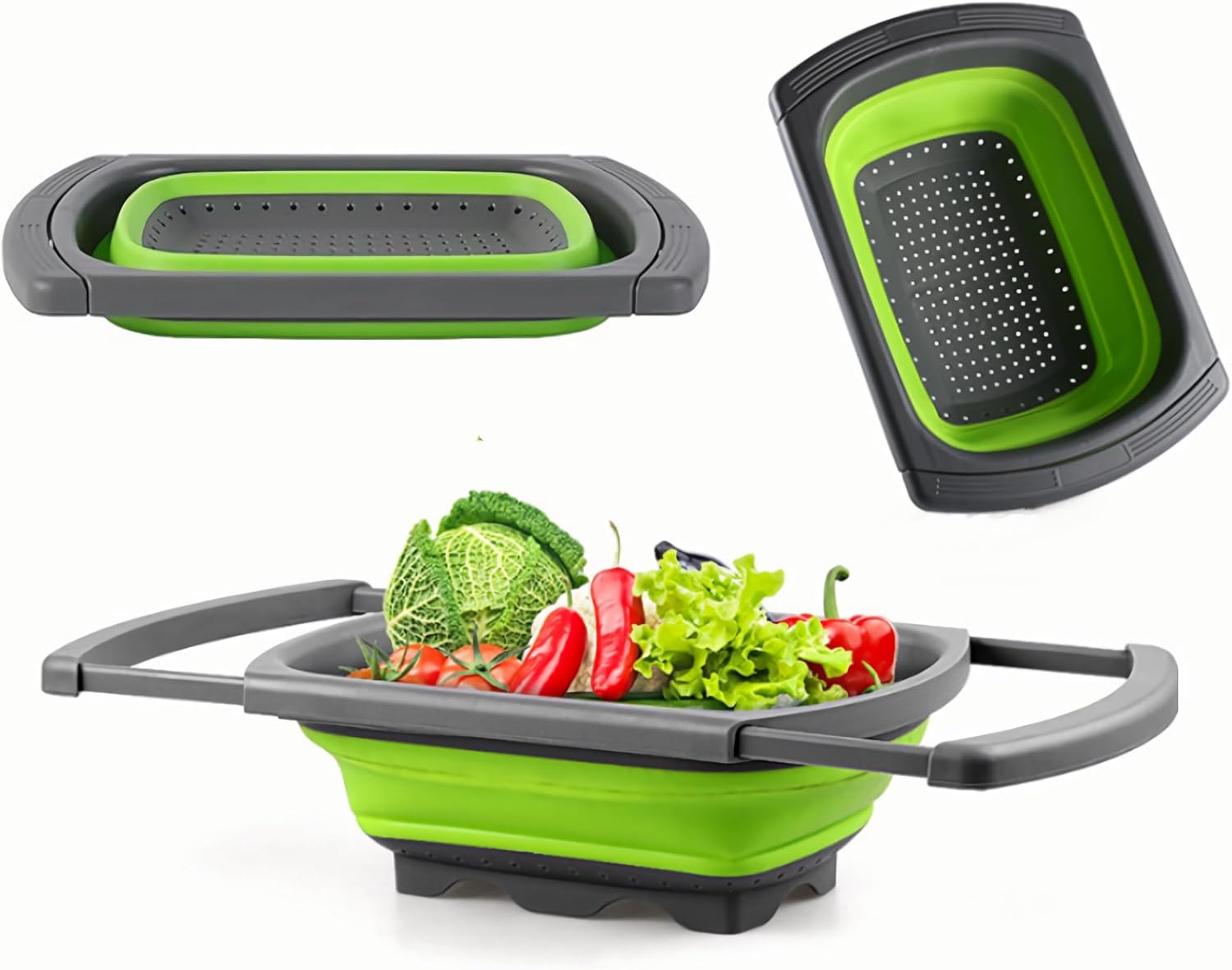 CANASTA COLADOR PLEGABLE DE SILICONA CON ASA PARA ALIMENTOS